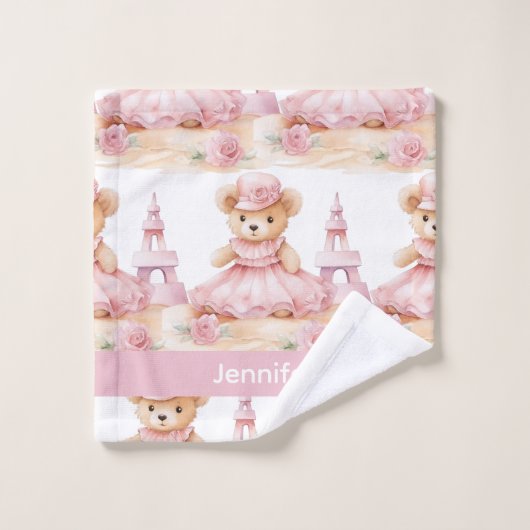 Aangepaste Naam Roze Teddy Bear Meisje Badhanddoek Bad Handdoek (Wasdoekje)