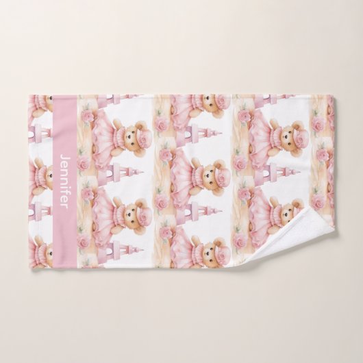 Aangepaste Naam Roze Teddy Bear Meisje Badhanddoek Bad Handdoek (Handdoek)