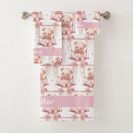 Aangepaste Naam Roze Teddy Bear Meisje Badhanddoek Bad Handdoek