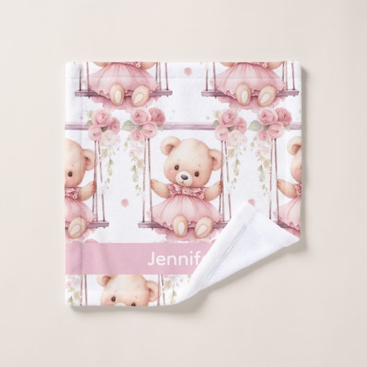 Aangepaste Naam Roze Teddy Bear Meisje Badhanddoek Bad Handdoek (Wasdoekje)