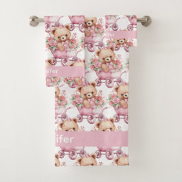 Aangepaste Naam Roze Teddy Bear Meisje Badhanddoek Bad Handdoek