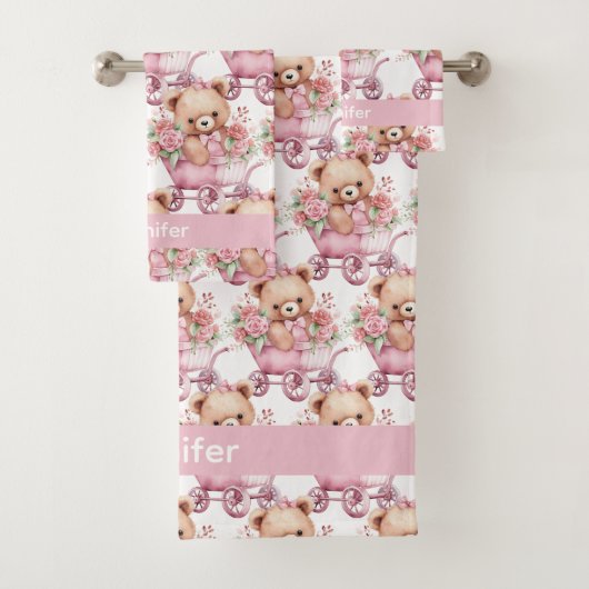 Aangepaste Naam Roze Teddy Bear Meisje Badhanddoek Bad Handdoek (Insitu)