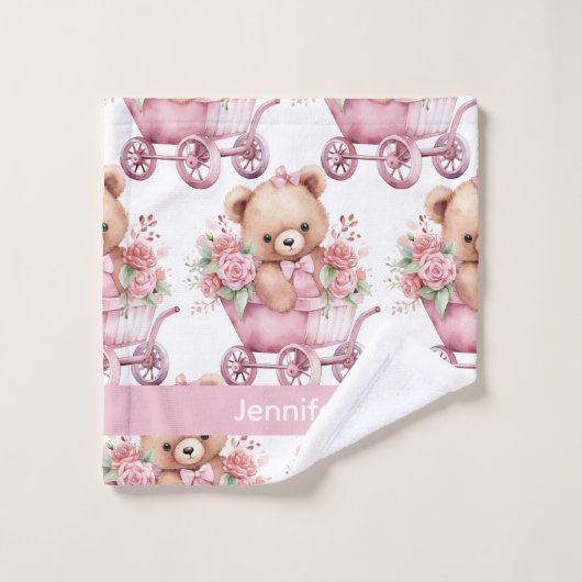 Aangepaste Naam Roze Teddy Bear Meisje Badhanddoek Bad Handdoek (Wasdoekje)