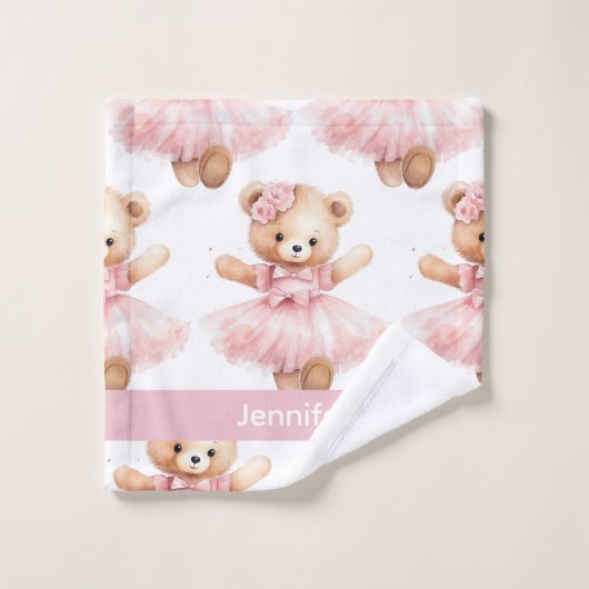 Aangepaste Naam Roze Teddy Bear Meisje Badhanddoek Bad Handdoek (Wasdoekje)