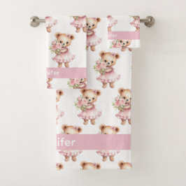 Aangepaste Naam Roze Teddy Bear Meisje Badhanddoek Bad Handdoek