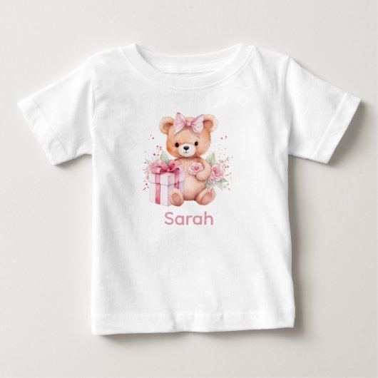Aangepaste Naam Roze Teddybeer Baby Shirt (Voorkant)