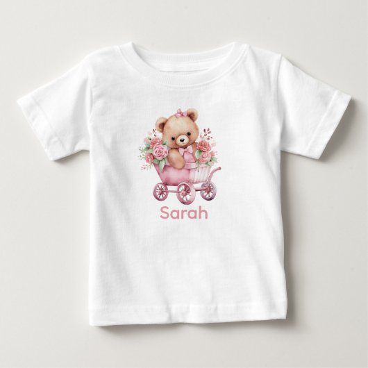 Aangepaste Naam Roze Teddybeer Baby Shirt (Voorkant)