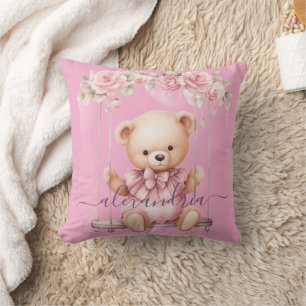 Aangepaste naam Roze teddybeer Meisjes Kussen