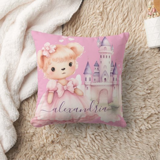 Aangepaste naam Roze teddybeer Meisjes Kussen (Deken)