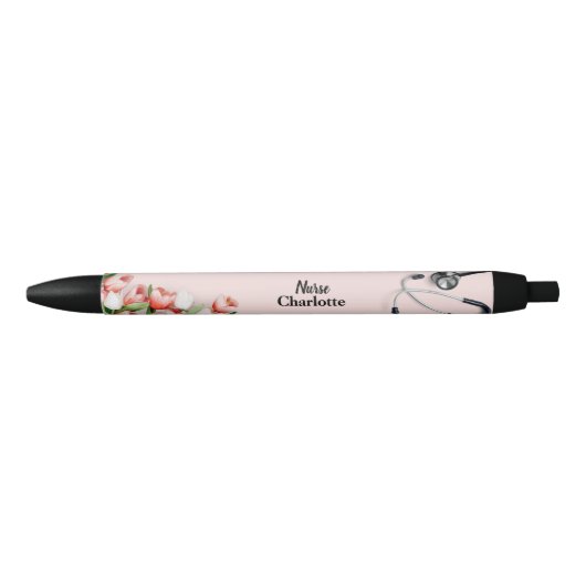 Aangepaste naam Roze Tulp Bloemige Stethoscoop Ver Zwarte Inkt Pen (Voorkant)