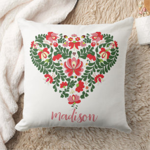 Aangepaste naam Roze Typografie / Bloemen Folk Hea Kussen