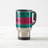 Aangepaste naam roze uil turquoise damask reisbeker (Voorkant rechts)