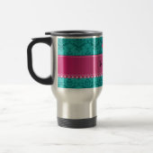Aangepaste naam roze uil turquoise damask reisbeker (Links)