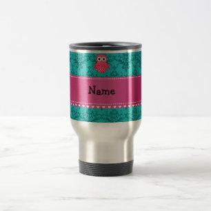 Aangepaste naam roze uil turquoise damask reisbeker
