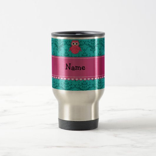 Aangepaste naam roze uil turquoise damask reisbeker (Center)