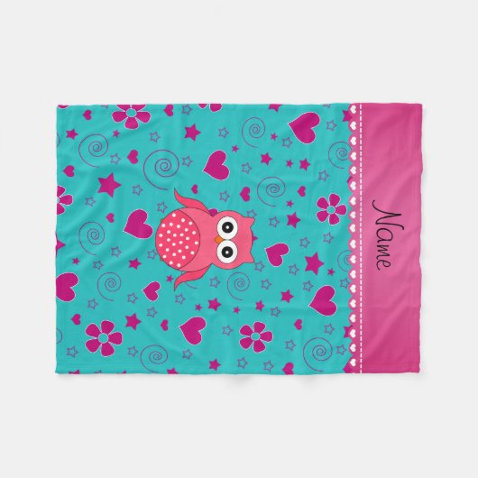 Aangepaste naam roze uil turquoise roze harten fleece deken (Voorkant (Horizontaal))
