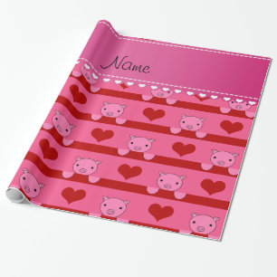 Aangepaste naam roze varkens rode hartenstrepen cadeaupapier