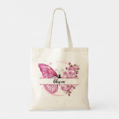 Aangepaste Naam Roze Vlinder & Bloemen Ontwerp – S Tote Bag (Achterkant)