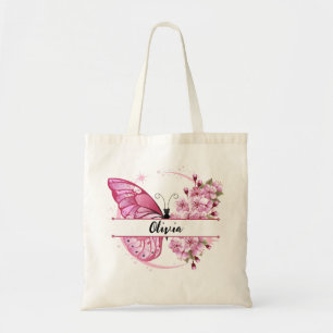 Aangepaste Naam Roze Vlinder & Bloemen Ontwerp – S Tote Bag