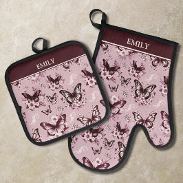Aangepaste naam Roze Vlinder Patroon Ovenwant & Pannenlap Set