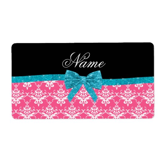 Aangepaste naam roze vochtige turquoise glitter bo etiket (Voorkant)