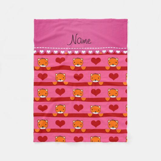 Aangepaste naam roze vossen rode hartenstrepen fleece deken (Voorkant)