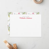 Aangepaste Naam Roze Waterverf Bloemen & Groen Notitiekaartje (Voorkant / Achterkant in situ)