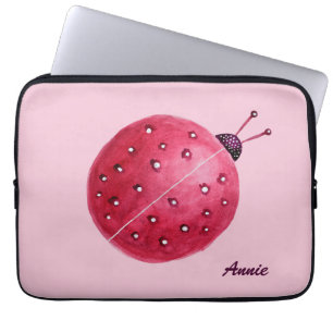 Aangepaste naam  roze Waterverf Ladybug Kinderen Laptop Sleeve