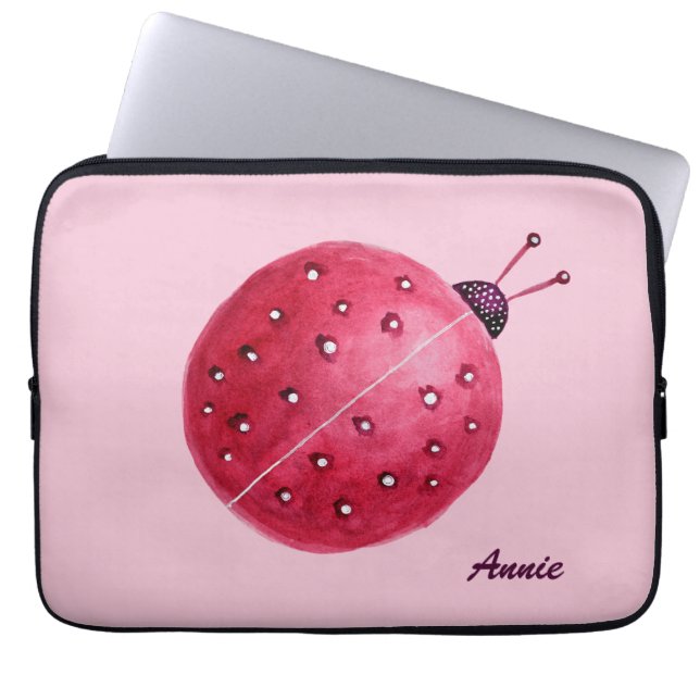 Aangepaste naam  roze Waterverf Ladybug Kinderen Laptop Sleeve (Voorkant)