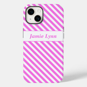 Aangepaste naam Roze/Witte Strepen Case-Mate iPhone 14 Hoesje