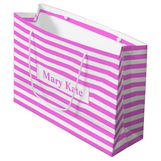 Aangepaste naam Roze/Witte Strepen Groot Cadeauzakje (Voorkant Gekanteld)