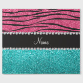 Aangepaste naam roze zebra turquoise glitter cadeaupapier (Vlak)