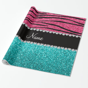 Aangepaste naam roze zebra turquoise glitter cadeaupapier