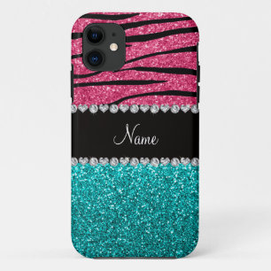 Aangepaste naam roze zebra turquoise glitter iPhone 11 hoesje