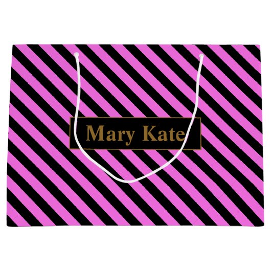 Aangepaste naam Roze/Zwart Strepen Groot Cadeauzakje (Voorkant)