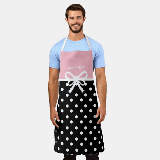 Aangepaste naam Roze zwarte polak Dot Ribbon Bow C Schort (Gedragen)