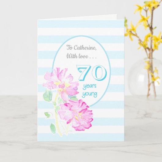 Aangepaste naam Rozen en Stripes 70e verjaardag Kaart (Gele Bloem)