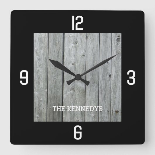 Aangepaste naam: Rustic Wood Planks Black Vierkante Klok (Voorkant)