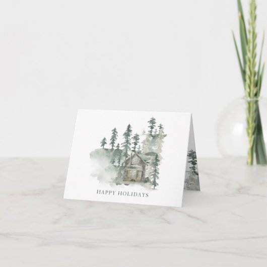 Aangepaste Naam Rustieke Blokhut Aquarel Bos Groen Feestdagen Kaart (Voorkant)