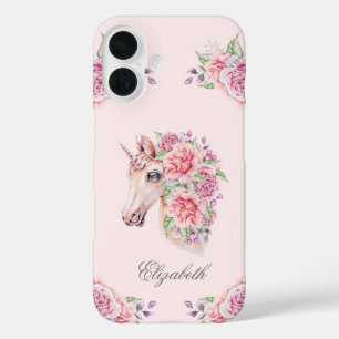 Aangepaste naam rustieke waterverf bloemige eenhoo iPhone 16 hoesje