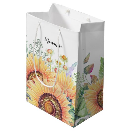 Aangepaste naam | Rustige zonnebloemen bruiloft Medium Cadeauzakje (Voorkant Gekanteld)