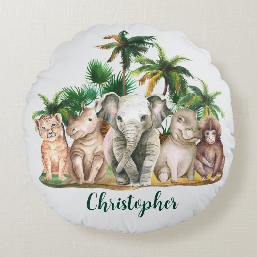 Aangepaste naam Safari Dieren Palmbomen Rond Kussen (Voorkant)