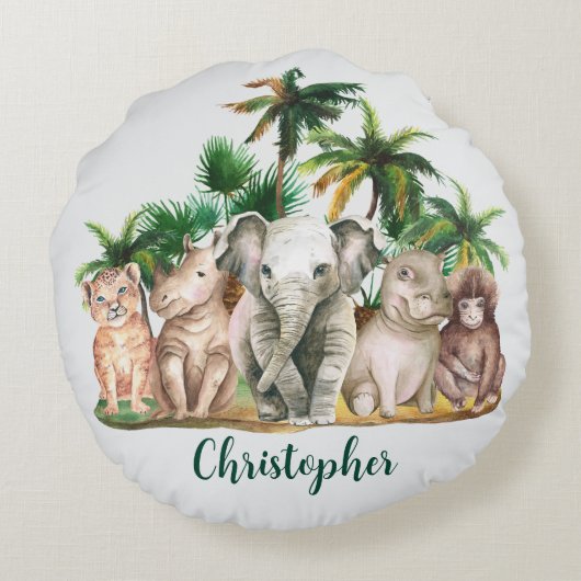 Aangepaste naam Safari Dieren Palmbomen Rond Kussen (Achterkant)