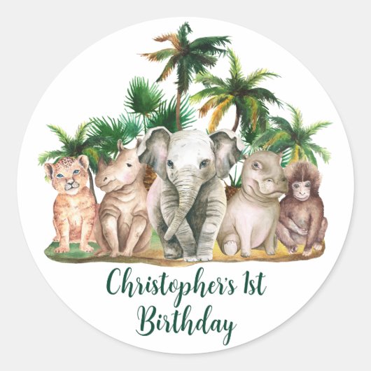 Aangepaste naam Safari Dieren Palmbomen Ronde Sticker (Voorkant)