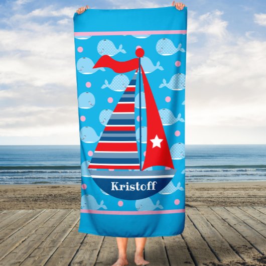 Aangepaste naam Sailboat Kind Boy's Bath Towel Badhanddoek