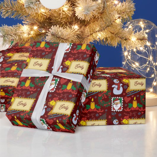 Aangepaste naam Santa Snowman Holiday Red Christma Cadeaupapier (Feestdagen)