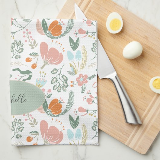 Aangepaste naam schattig botanisch pastelpatroon theedoek (Quarter Fold)