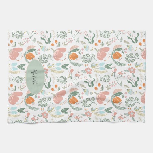 Aangepaste naam schattig botanisch pastelpatroon theedoek (Horizontaal)