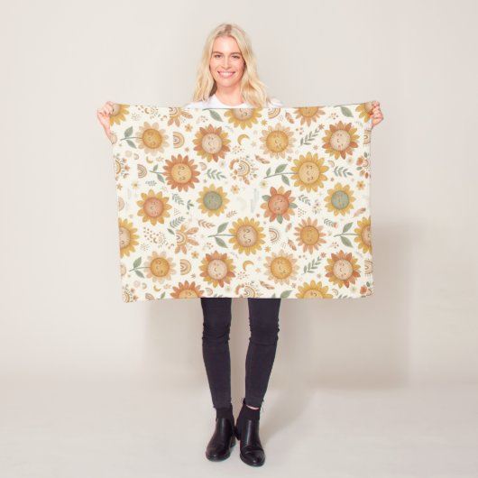 Aangepaste naam Schattige Boho Zonnebloem Zon & Re Fleece Deken (In situ)