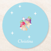 Aangepaste naam schattige engelen op blauw ronde kartonnen onderzetter (Voorkant)